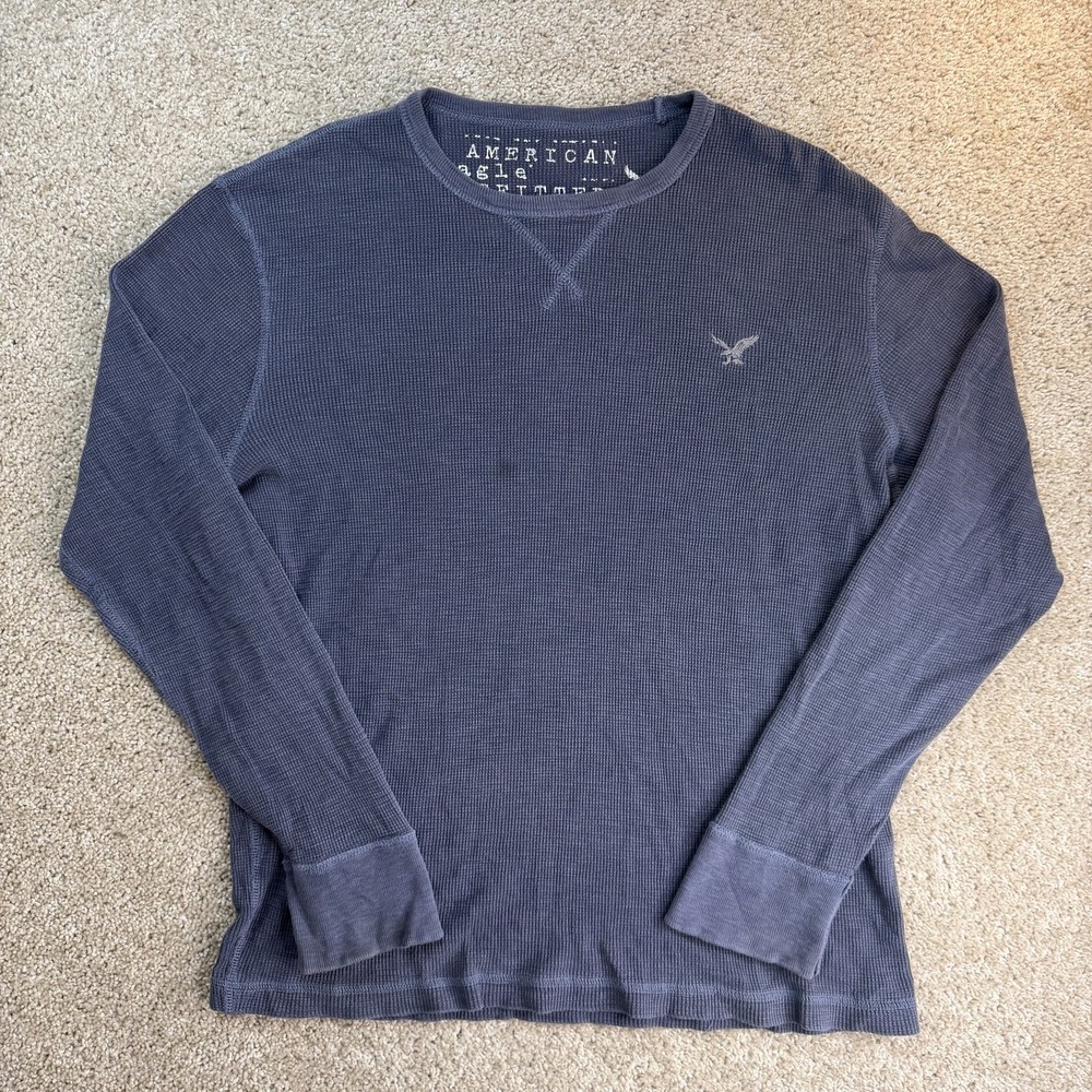 Y2K American Eagle Shirt Mens Large Blue Thermal Long Sleeve Tee T-Shirt